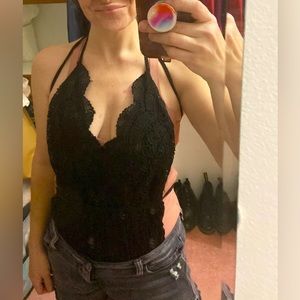 Black Lacy Body Suit~Size 14~Like New~Snap Bottom~Sexy!!